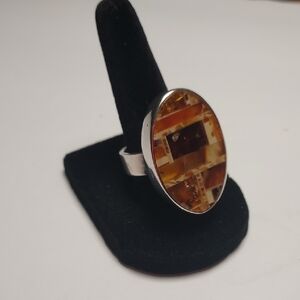 Vintage Sterling Silver And Amber Mosaic Ring Adjustable Size